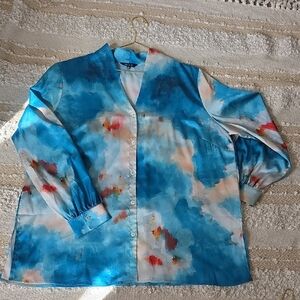 Misook Blue Watercolor Button-Front Blouse with Coral Accents